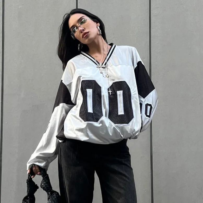 Toleet Women's Street Style American Street V-neck Stitching Digital Top Fashion Sports Loose Pullover Digital Collage Top
