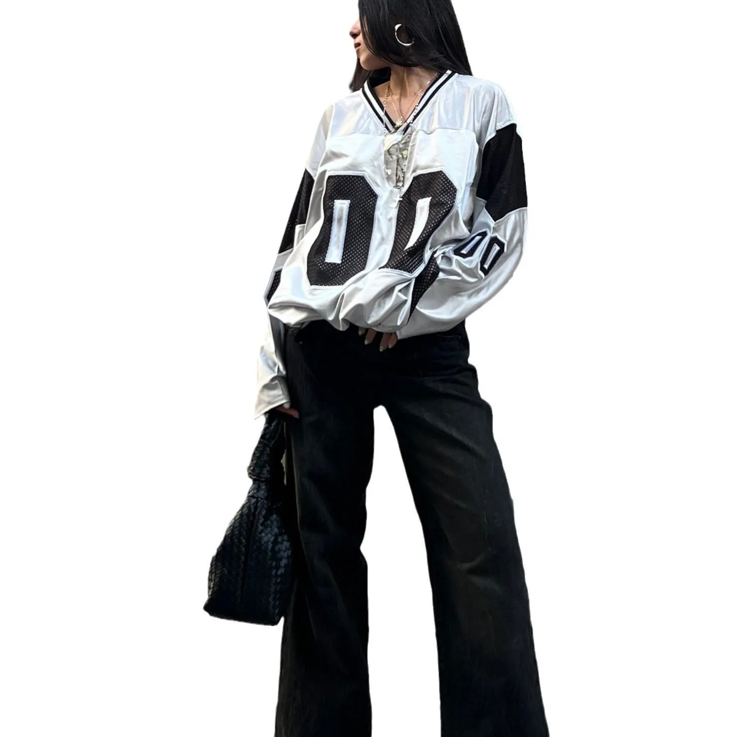 Toleet Women's Street Style American Street V-neck Stitching Digital Top Fashion Sports Loose Pullover Digital Collage Top