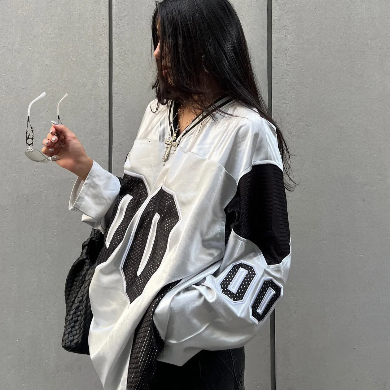 Toleet Women's Street Style American Street V-neck Stitching Digital Top Fashion Sports Loose Pullover Digital Collage Top