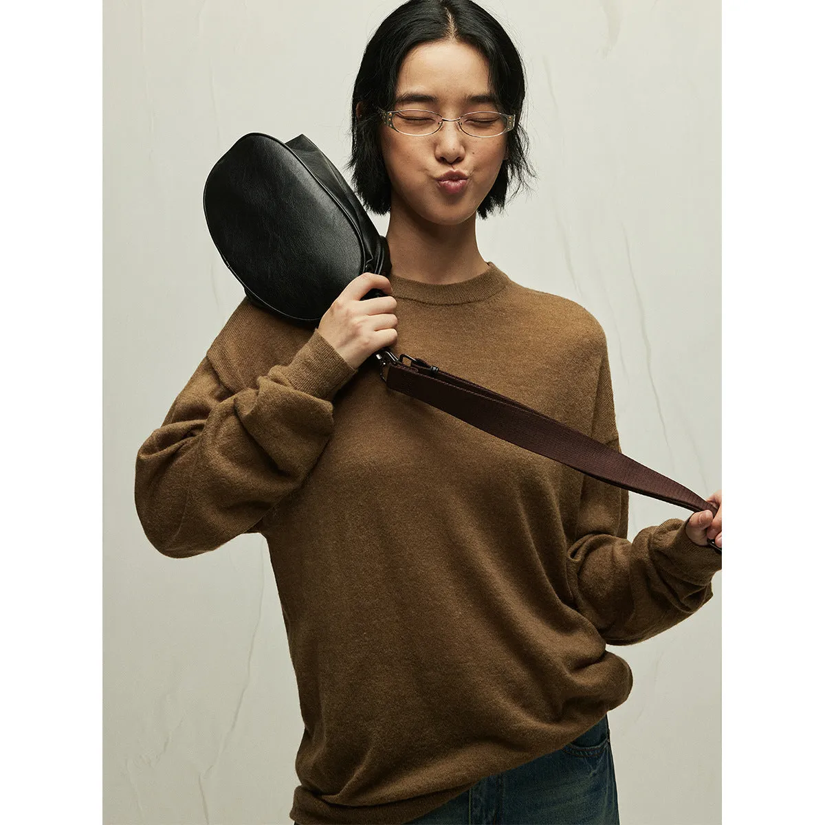 Toleet Women's Street Style Solid Color Wool Blended Camel Velvet Loose Long Sleeve round Neck Close-Fitting Sweater