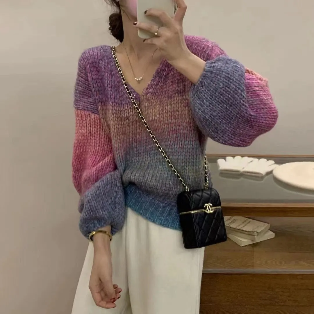Uniwim 2000s fashion New Autumn Retro Pullover V Contrast Color Collar Gradient Lazy Style Loose Slimming Long Sleeve Sweater Sweater for Women