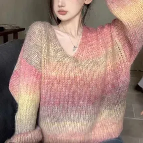 Uniwim 2000s fashion New Autumn Retro Pullover V Contrast Color Collar Gradient Lazy Style Loose Slimming Long Sleeve Sweater Sweater for Women