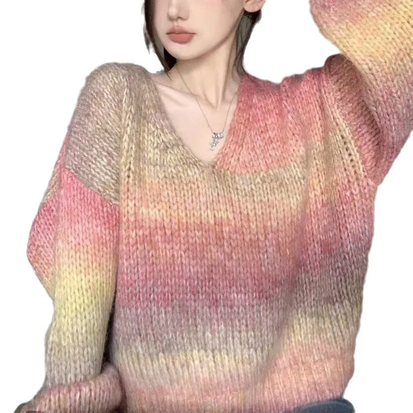 Uniwim 2000s fashion New Autumn Retro Pullover V Contrast Color Collar Gradient Lazy Style Loose Slimming Long Sleeve Sweater Sweater for Women