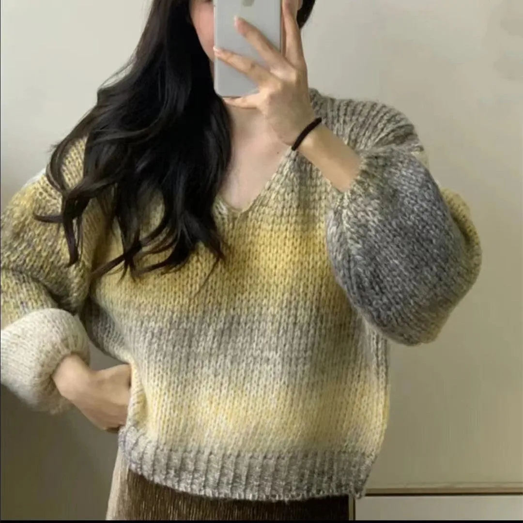 Uniwim 2000s fashion New Autumn Retro Pullover V Contrast Color Collar Gradient Lazy Style Loose Slimming Long Sleeve Sweater Sweater for Women