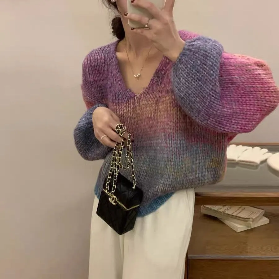 Uniwim 2000s fashion New Autumn Retro Pullover V Contrast Color Collar Gradient Lazy Style Loose Slimming Long Sleeve Sweater Sweater for Women