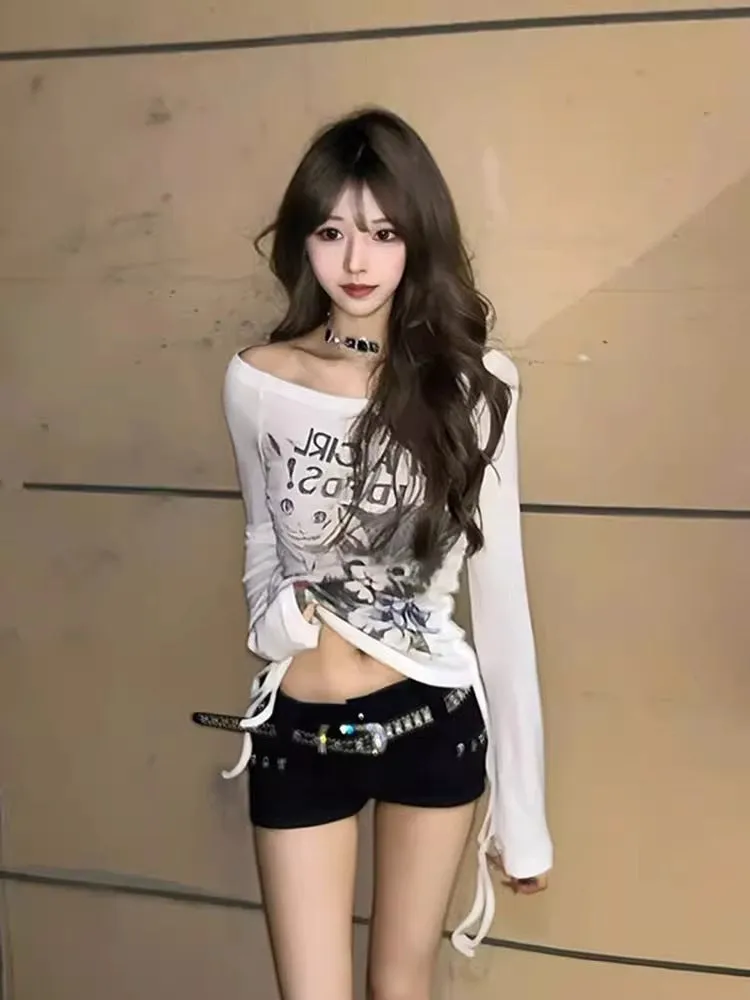 Uniwim 2000s fashion Rayon Modal 4*3 Casual Cut American Retro Cat off-Neck Long Sleeve T-shirt Women's Slim Fit Sweet and Spicy Top
