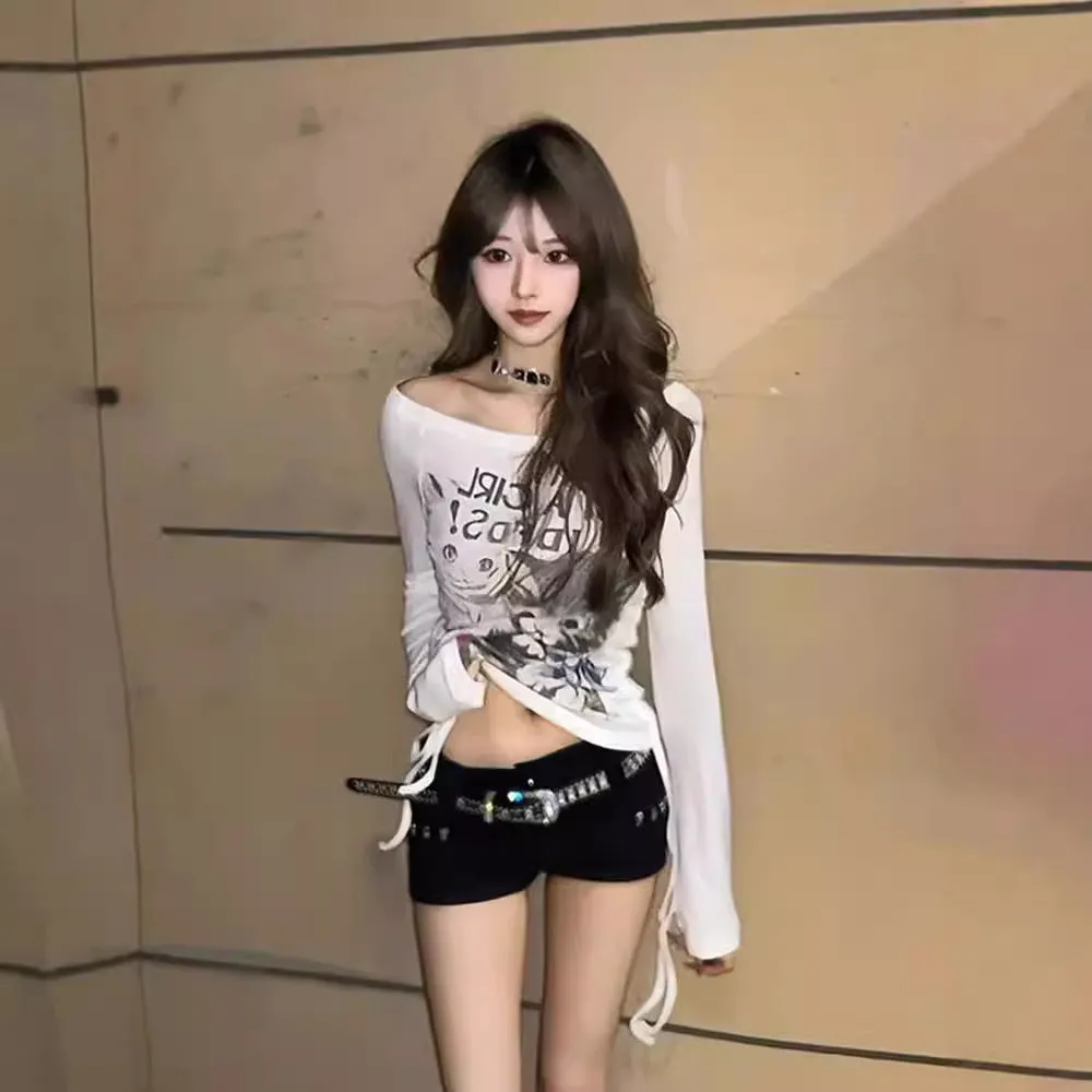 Uniwim 2000s fashion Rayon Modal 4*3 Casual Cut American Retro Cat off-Neck Long Sleeve T-shirt Women's Slim Fit Sweet and Spicy Top