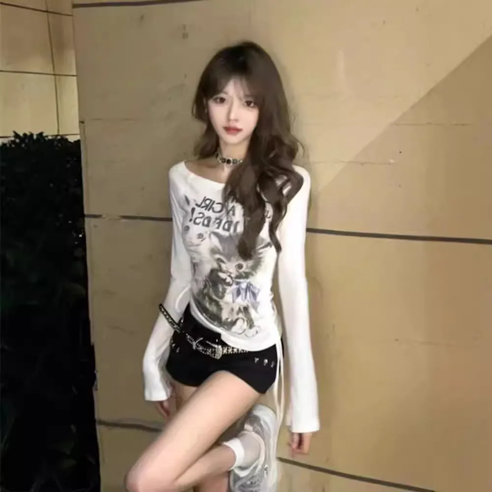 Uniwim 2000s fashion Rayon Modal 4*3 Casual Cut American Retro Cat off-Neck Long Sleeve T-shirt Women's Slim Fit Sweet and Spicy Top