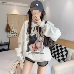 Uniwim 90s streetwear Cat Print Fleece-lined round Neck Sweater for Women Autumn New Loose Lazy Style White Gray Student Blouse