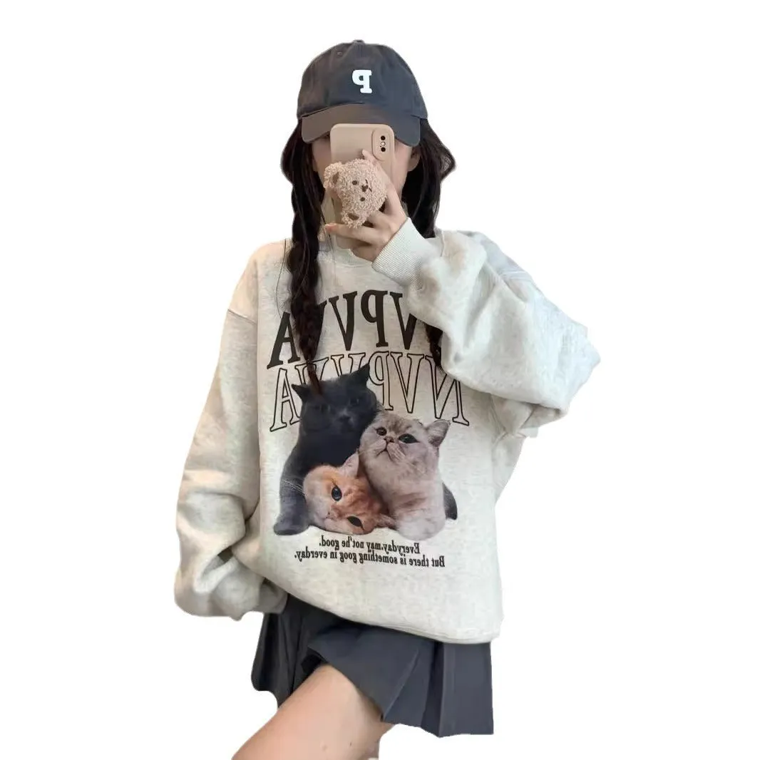 Uniwim 90s streetwear Cat Print Fleece-lined round Neck Sweater for Women Autumn New Loose Lazy Style White Gray Student Blouse