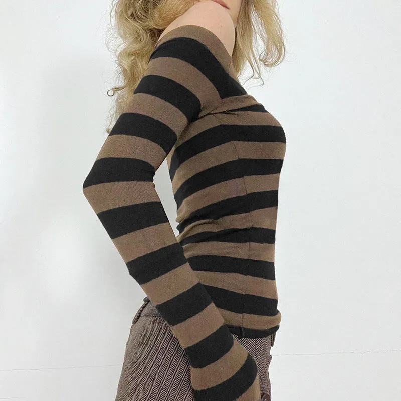 Uniwim 90s streetwear Contrast Color off-Neck Personalized Slim Striped Short Top American Hot Girl Street Sexy off-Shoulder Versatile Slimming Long Sleeve