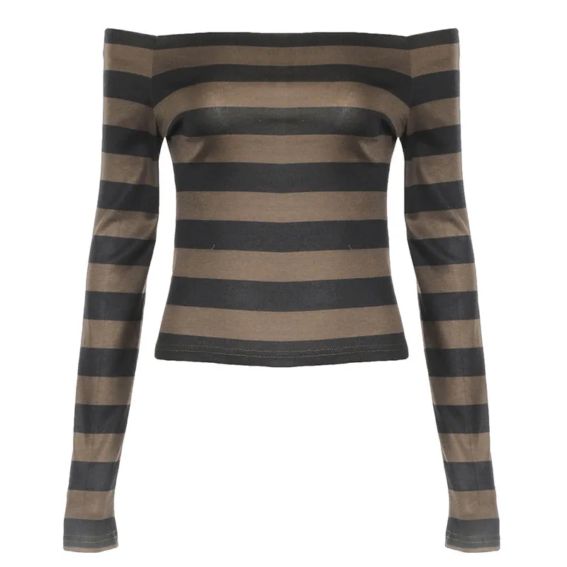 Uniwim 90s streetwear Contrast Color off-Neck Personalized Slim Striped Short Top American Hot Girl Street Sexy off-Shoulder Versatile Slimming Long Sleeve