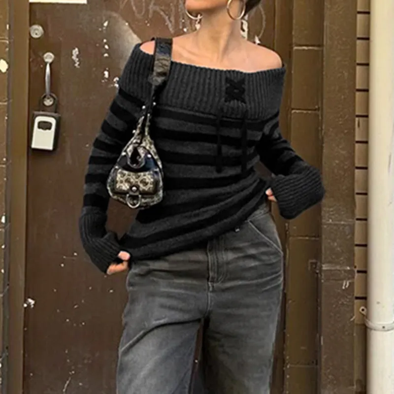 Uniwim 90s streetwear Y2g Retro Fashion Color Matching Striped Flanging off-Shoulder Chic Lace-up Sweater Personalized Waist Slimming Sweater