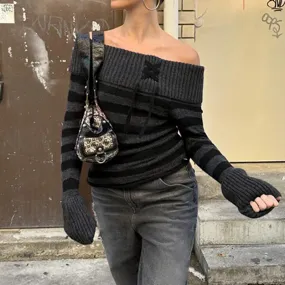 Uniwim 90s streetwear Y2g Retro Fashion Color Matching Striped Flanging off-Shoulder Chic Lace-up Sweater Personalized Waist Slimming Sweater