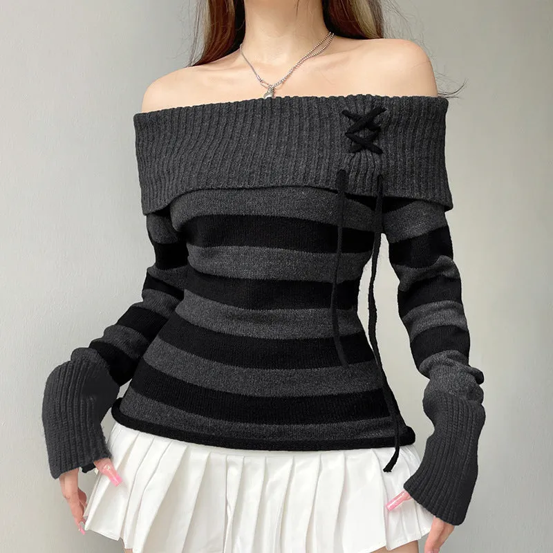 Uniwim 90s streetwear Y2g Retro Fashion Color Matching Striped Flanging off-Shoulder Chic Lace-up Sweater Personalized Waist Slimming Sweater