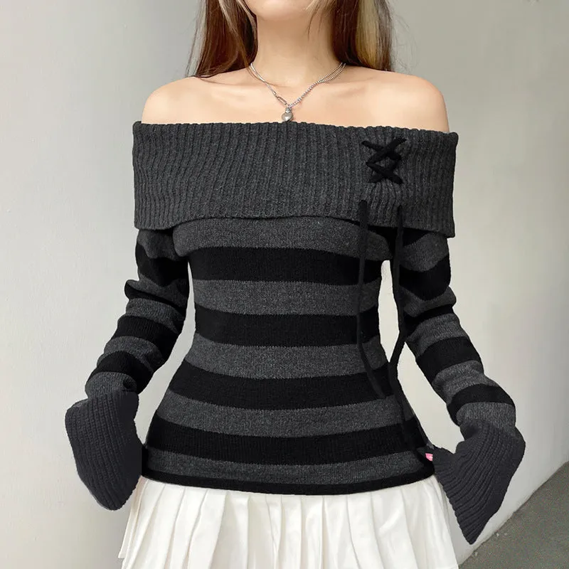 Uniwim 90s streetwear Y2g Retro Fashion Color Matching Striped Flanging off-Shoulder Chic Lace-up Sweater Personalized Waist Slimming Sweater