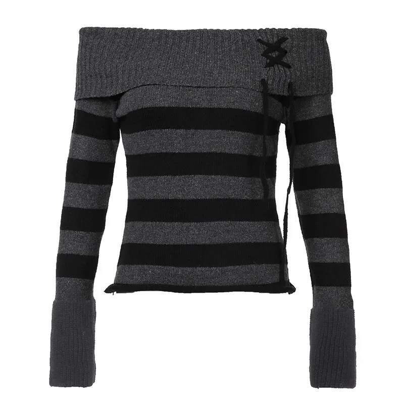 Uniwim 90s streetwear Y2g Retro Fashion Color Matching Striped Flanging off-Shoulder Chic Lace-up Sweater Personalized Waist Slimming Sweater