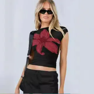 Uniwim barn jacket outfits 2024 New Flower Print Short-Sleeved T-shirt Women's Sexy Backless Slim Top Hot Girl