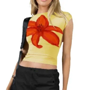 Uniwim barn jacket outfits 2024 New Flower Print Short-Sleeved T-shirt Women's Sexy Backless Slim Top Hot Girl