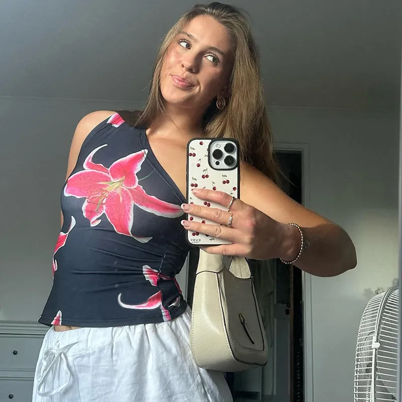 Uniwim barn jacket outfits 600 Floral Print Oblique Collar One-Shoulder Sleeveless Vest Top for Women 2024 Summer New