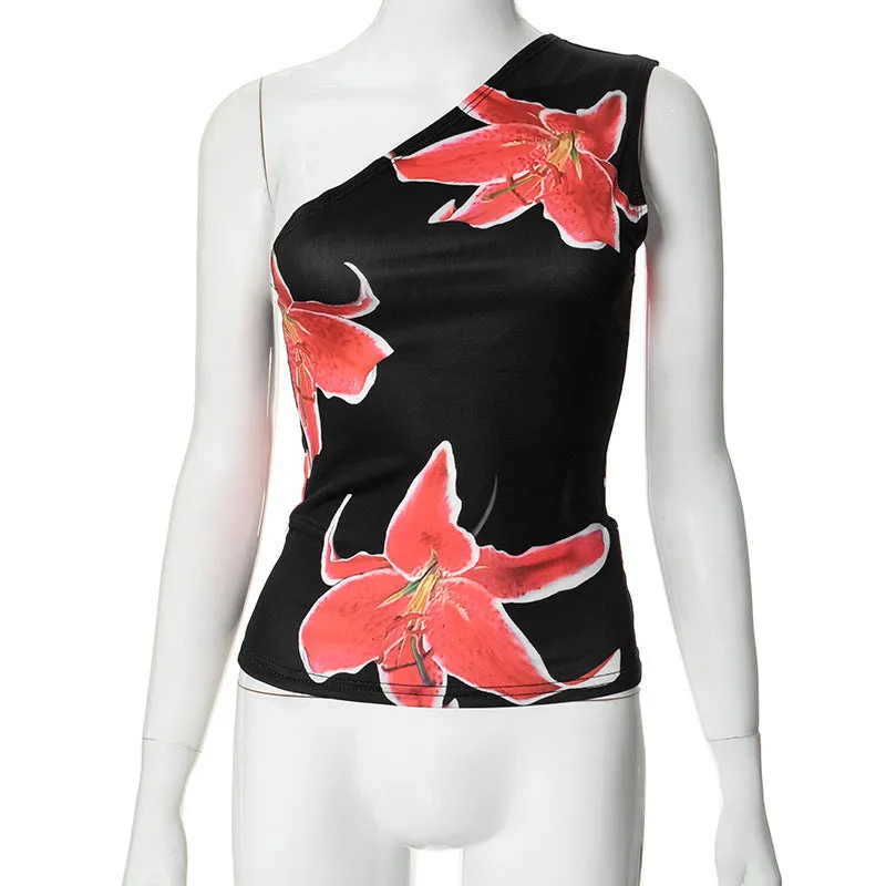 Uniwim barn jacket outfits 600 Floral Print Oblique Collar One-Shoulder Sleeveless Vest Top for Women 2024 Summer New