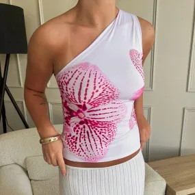 Uniwim barn jacket outfits 600 Floral Print Oblique Collar One-Shoulder Sleeveless Vest Top for Women 2024 Summer New