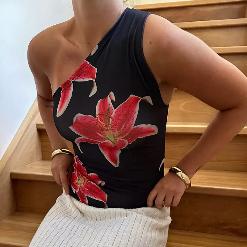 Uniwim barn jacket outfits 600 Floral Print Oblique Collar One-Shoulder Sleeveless Vest Top for Women 2024 Summer New