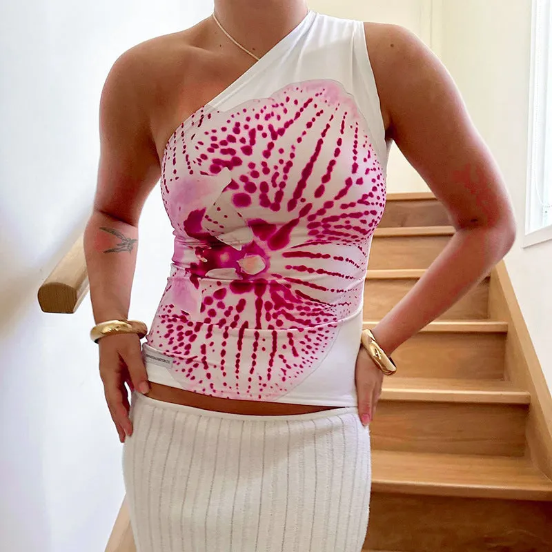 Uniwim barn jacket outfits 600 Floral Print Oblique Collar One-Shoulder Sleeveless Vest Top for Women 2024 Summer New