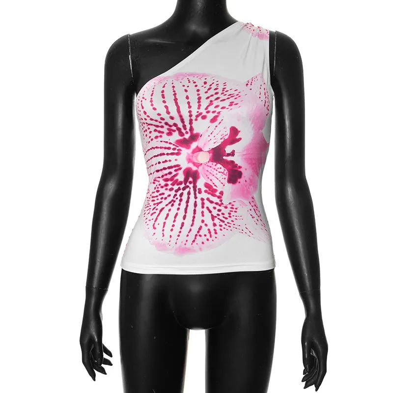 Uniwim barn jacket outfits 600 Floral Print Oblique Collar One-Shoulder Sleeveless Vest Top for Women 2024 Summer New