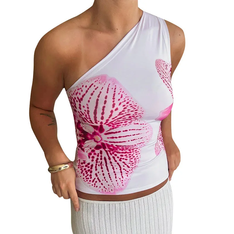 Uniwim barn jacket outfits 600 Floral Print Oblique Collar One-Shoulder Sleeveless Vest Top for Women 2024 Summer New