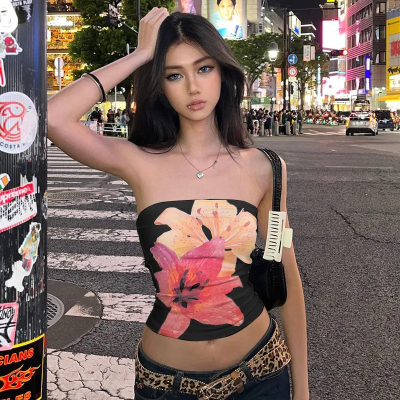 Uniwim barn jacket outfits American Hot Girl Style Flower Print Slim Slimming Tight Tube Top for Women Summer New