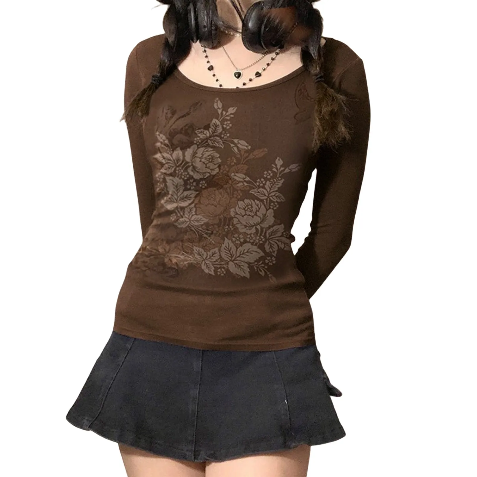 Uniwim barn jacket outfits Autumn and Winter New Printed round Neck Long Sleeve Knitted Long Sleeve T-shirt Casual Bottoming Shirt