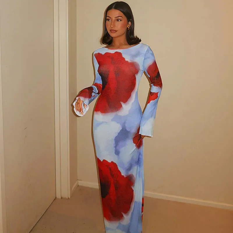 Uniwim birthday outfit Fashionable Printed Long Dress 2024 Autumn Women's New Long Sleeve Sexy Backless Dress