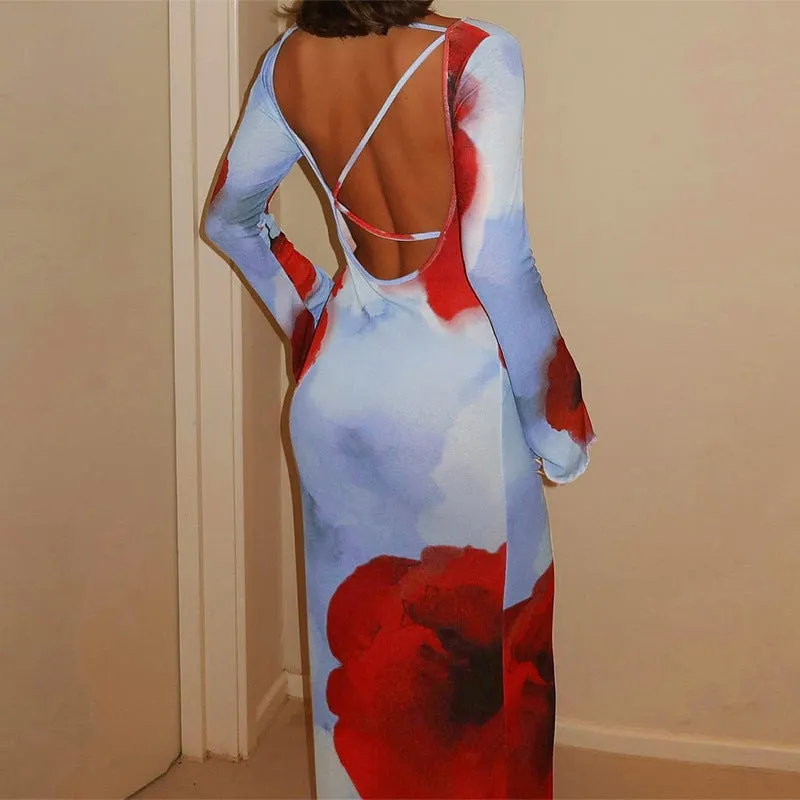Uniwim birthday outfit Fashionable Printed Long Dress 2024 Autumn Women's New Long Sleeve Sexy Backless Dress