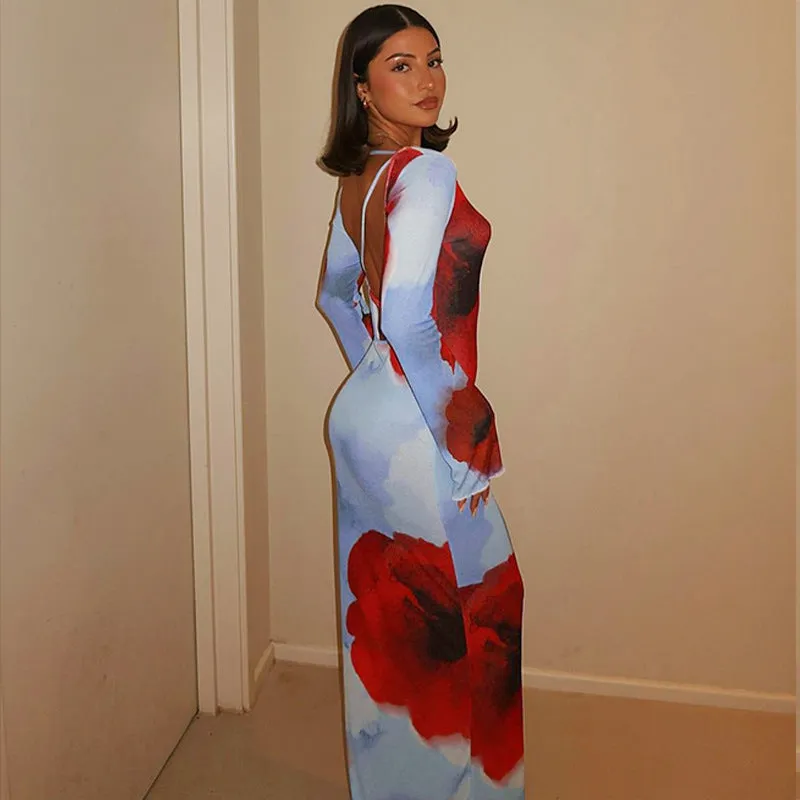Uniwim birthday outfit Fashionable Printed Long Dress 2024 Autumn Women's New Long Sleeve Sexy Backless Dress