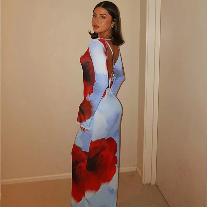 Uniwim birthday outfit Fashionable Printed Long Dress 2024 Autumn Women's New Long Sleeve Sexy Backless Dress
