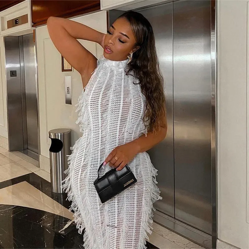 Uniwim birthday outfit Style Women's Clothing 2024 New Fashion Sexy Tassel Perspective Slim Temperament Elegant Perspective Mesh Dress