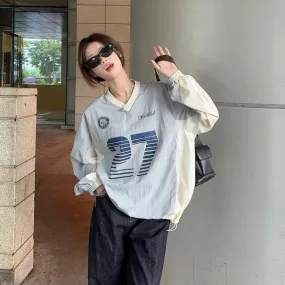 Uniwim  clothing styles Street V-neck American Sports Contrast Color Sweater Spring and Autumn Women's Gray Stitching Letter Printed Elastic Top