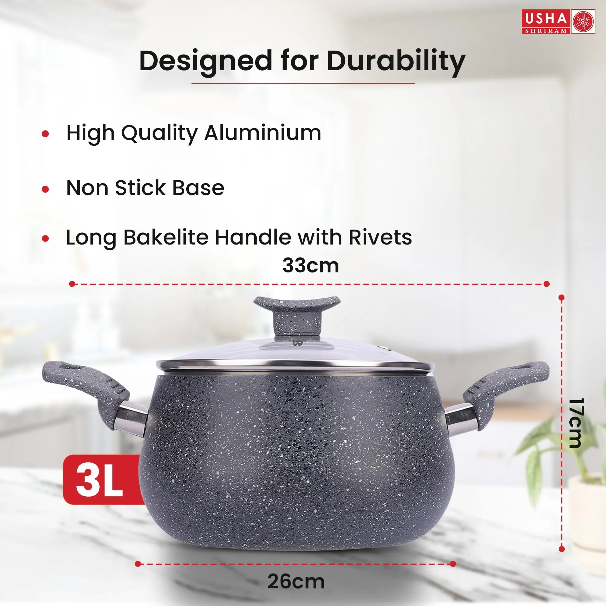USHA SHRIRAM Non Stick Biryani Handi (5L) | Casserole with Lid | Aluminium Handi For Cooking | Biryani Pot | Cook N Serve Pot With Lid | Gas & Induction Handi | Cooking Handi Pot