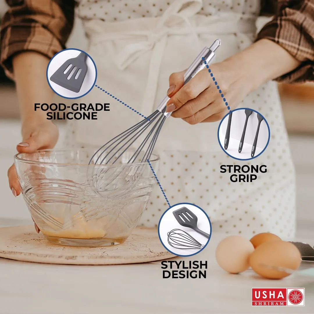 USHA SHRIRAM Non Stick Fry Pan (26cm) & Silicone Spatula Set (5Pcs) | Minimum Oil Usage | Non Stick Pan Cookware Set | Induction & Gas Fry Pan | Heat Resistant Sptaula Set| Wedding Diwali Gift Set