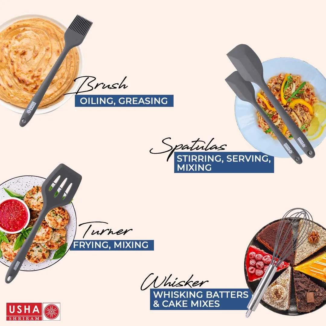 USHA SHRIRAM Non Stick Fry Pan (26cm) & Silicone Spatula Set (5Pcs) | Minimum Oil Usage | Non Stick Pan Cookware Set | Induction & Gas Fry Pan | Heat Resistant Sptaula Set| Wedding Diwali Gift Set