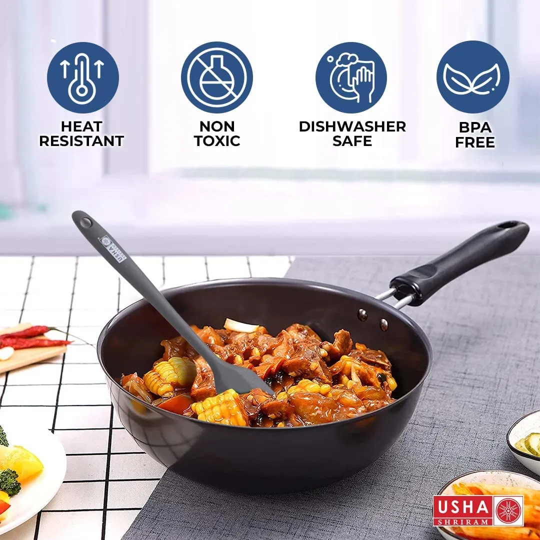 USHA SHRIRAM Non Stick Fry Pan (26cm) & Silicone Spatula Set (5Pcs) | Minimum Oil Usage | Non Stick Pan Cookware Set | Induction & Gas Fry Pan | Heat Resistant Sptaula Set| Wedding Diwali Gift Set