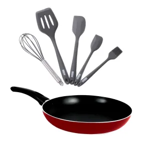 USHA SHRIRAM Non Stick Fry Pan (26cm) & Silicone Spatula Set (5Pcs) | Minimum Oil Usage | Non Stick Pan Cookware Set | Induction & Gas Fry Pan | Heat Resistant Sptaula Set| Wedding Diwali Gift Set