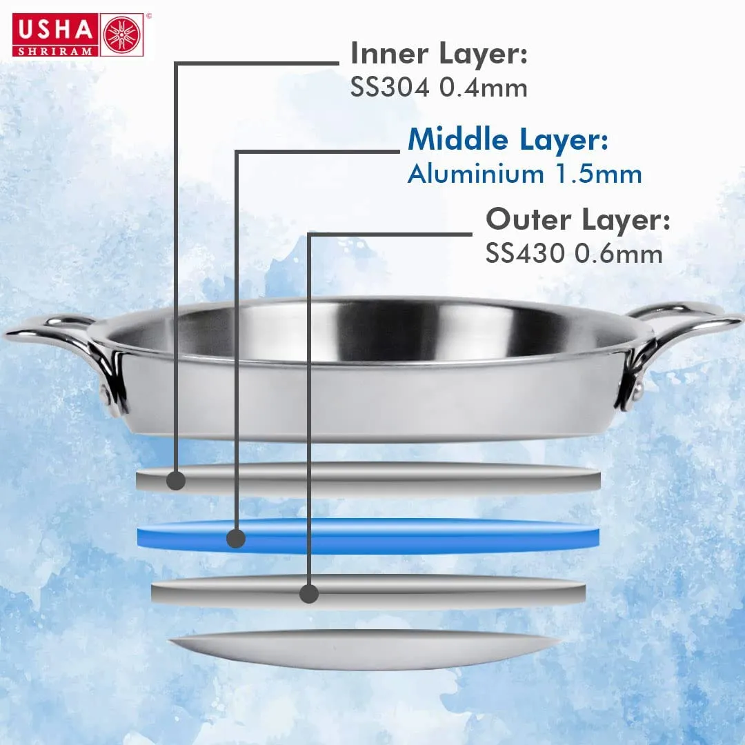 USHA SHRIRAM Triply Stainless Steel Kadai with Lid (2.6L) & Non Stick Kadai with Lid (2.8L) | Stove & Induction Cookware | Heat Surround Cooking | Heavy Bottom Kadai | Deep Frying Kadhai