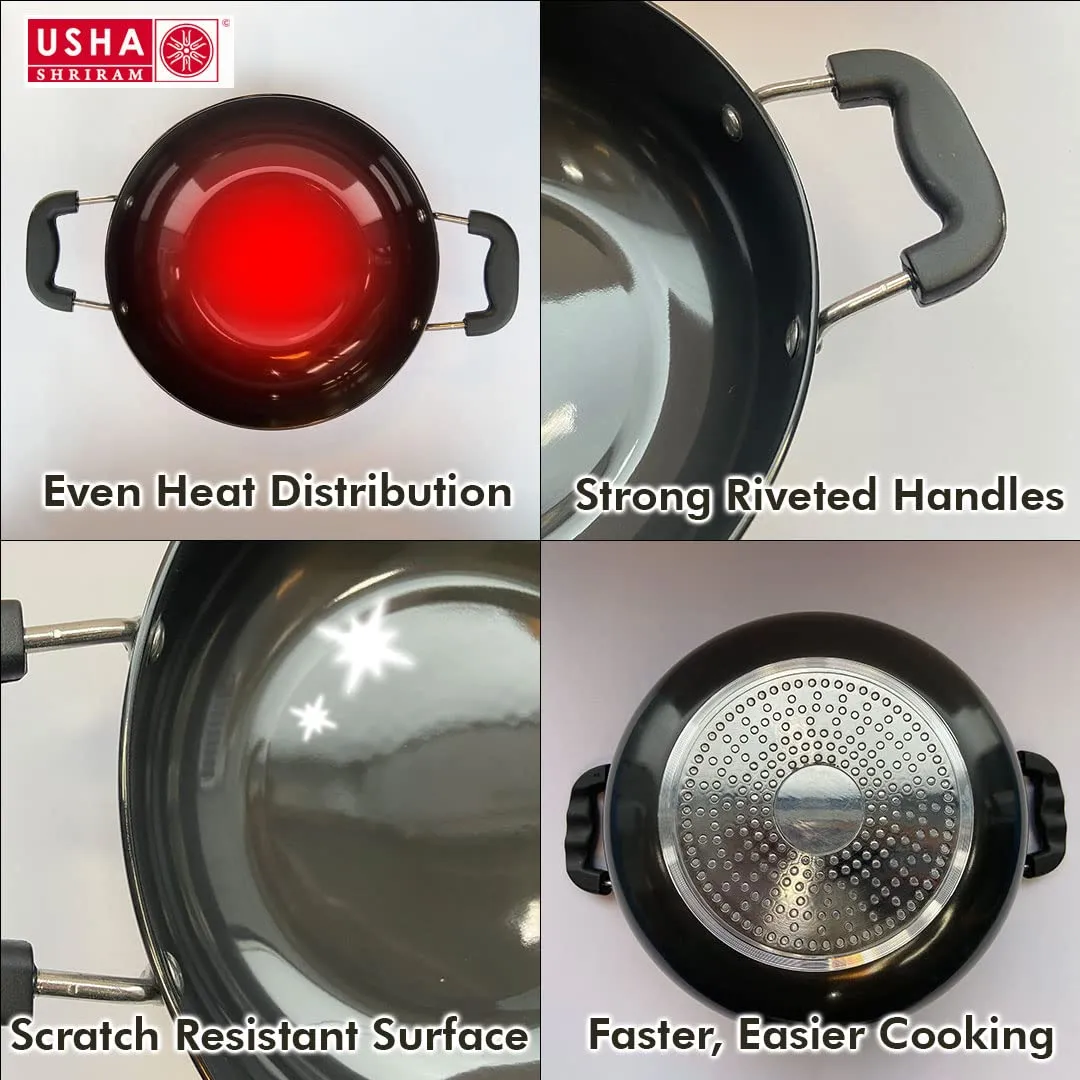 USHA SHRIRAM Triply Stainless Steel Kadai with Lid (2.6L) & Non Stick Kadai with Lid (2.8L) | Stove & Induction Cookware | Heat Surround Cooking | Heavy Bottom Kadai | Deep Frying Kadhai