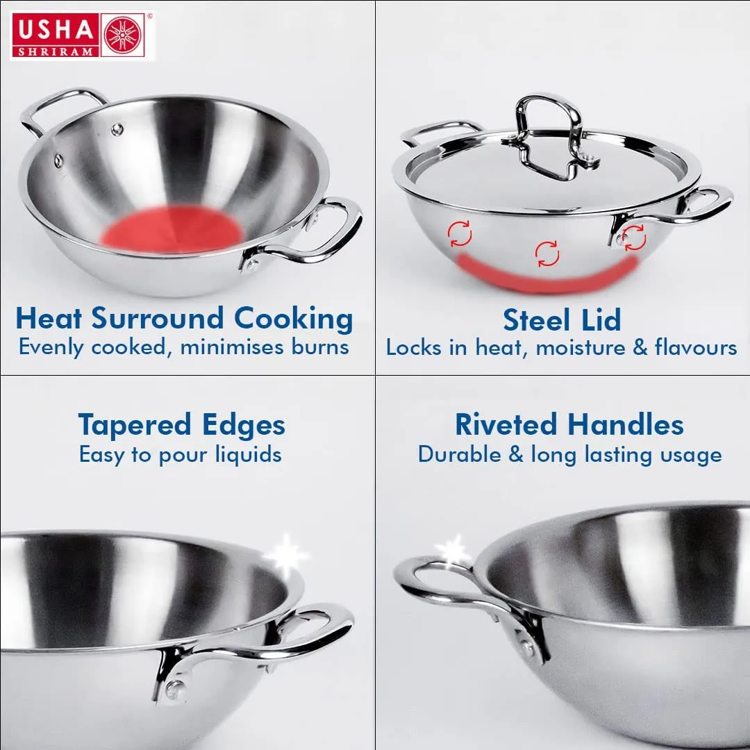 USHA SHRIRAM Triply Stainless Steel Kadai with Lid (2.6L) & Non Stick Kadai with Lid (2.8L) | Stove & Induction Cookware | Heat Surround Cooking | Heavy Bottom Kadai | Deep Frying Kadhai