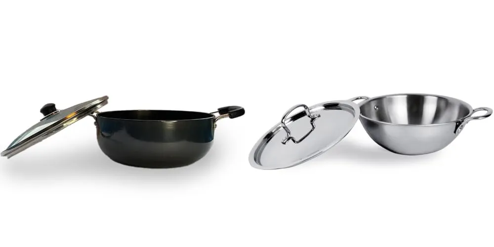 USHA SHRIRAM Triply Stainless Steel Kadai with Lid (2.6L) & Non Stick Kadai with Lid (2.8L) | Stove & Induction Cookware | Heat Surround Cooking | Heavy Bottom Kadai | Deep Frying Kadhai