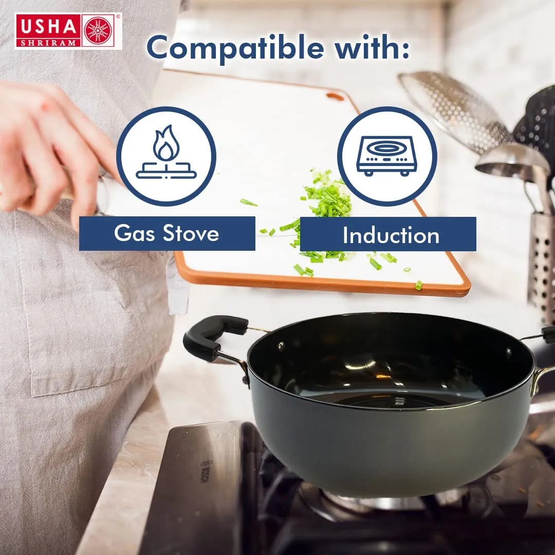 USHA SHRIRAM Triply Stainless Steel Kadai with Lid (2.6L) & Non Stick Kadai with Lid (2.8L) | Stove & Induction Cookware | Heat Surround Cooking | Heavy Bottom Kadai | Deep Frying Kadhai