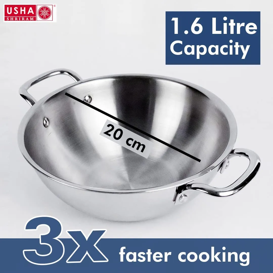 USHA SHRIRAM Triply Stainless Steel Kadai with Lid (2.6L) & Non Stick Kadai with Lid (2.8L) | Stove & Induction Cookware | Heat Surround Cooking | Heavy Bottom Kadai | Deep Frying Kadhai