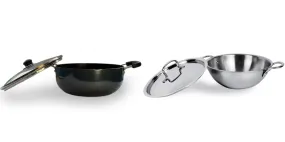 USHA SHRIRAM Triply Stainless Steel Kadai with Lid (2.6L) & Non Stick Kadai with Lid (2.8L) | Stove & Induction Cookware | Heat Surround Cooking | Heavy Bottom Kadai | Deep Frying Kadhai